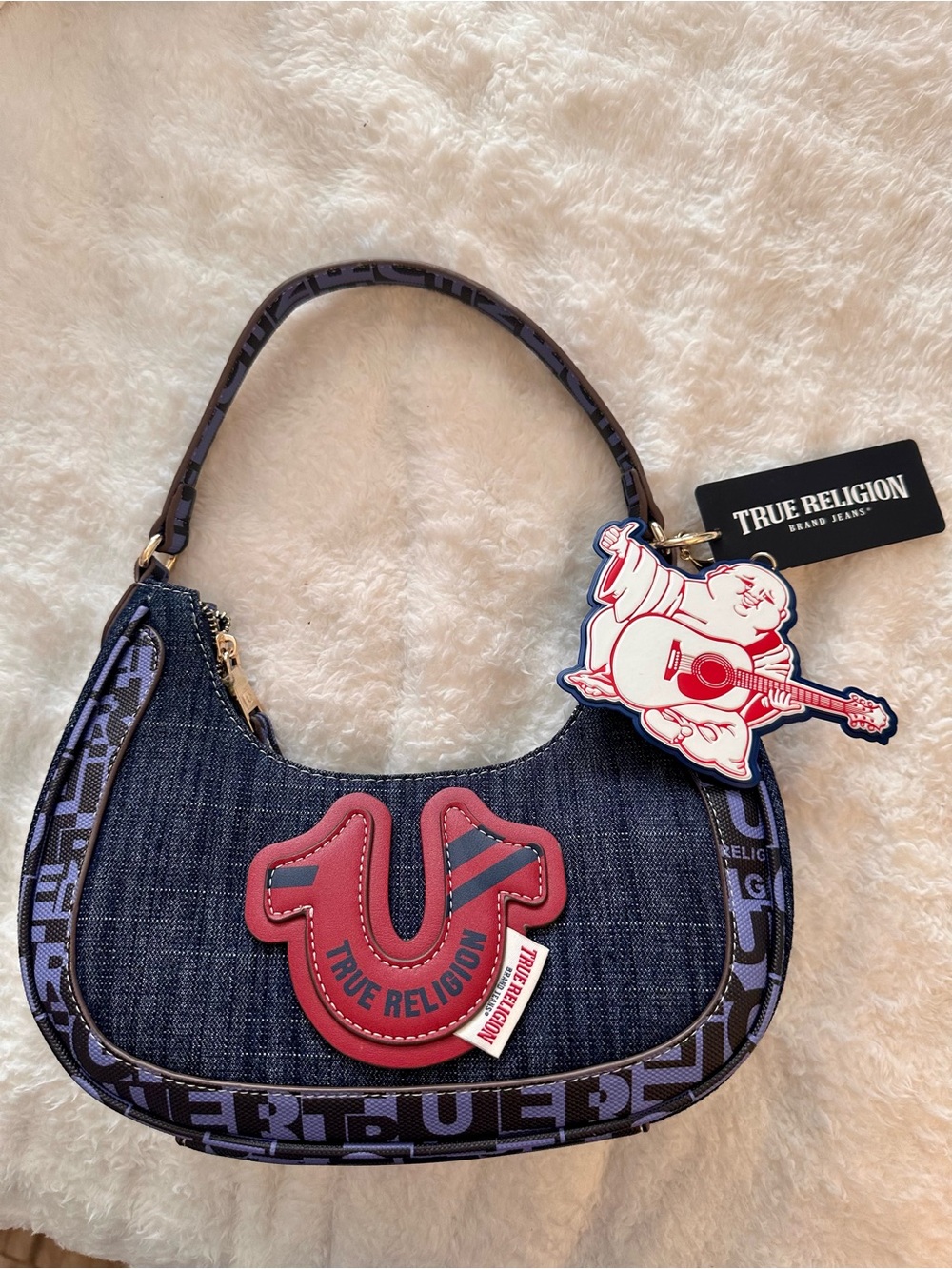 True Religion Y2K Denim Hobo Shoulder Bag Buddha Charm New with Tags
